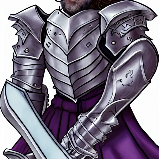 Knight with a sword kneeling in sliver purple armor, helmet off, he has a brown beard and longish hair and light blueish/greenish eyes 