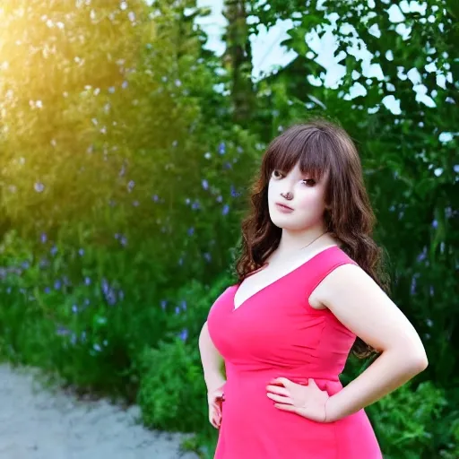 realistic, 25 year old woman, beautiful, chubby, brunette, short, petite, cute, summer dress, coy,