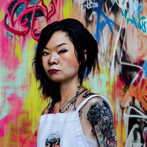 Cyndi, a summer punk Vietnamese lady, head-to-shoulder portrait, long hair, white t-shirt with a black apron, black thighs, holding spray paints, graffiti walls by Stanley Lau Artgerm, Greg Rutkowski, norman rockwell, Wlop, Muccia, under layer dye, hair