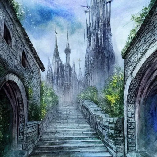 A beautiful city that looks like Gondor form Lord of the Rings., Water Color