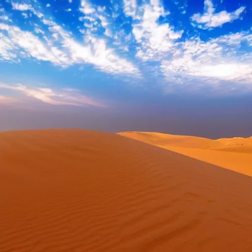 Arabic desert with a lot of sand and the Sun piercing the sky. 