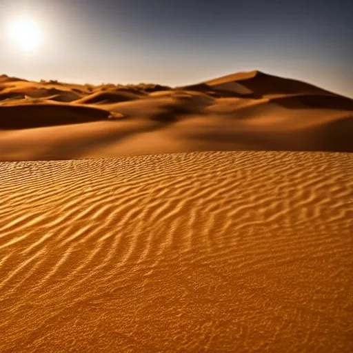 Arabic desert with a lot of sand and the Sun piercing the sky. 