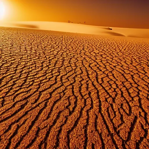 Arabic desert with a lot of sand and the Sun piercing the sky. 