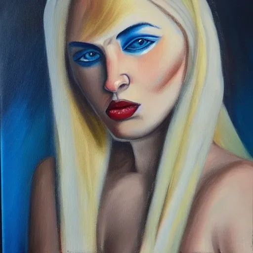 Totalitarian queen, beautiful blonde whiteish hair, white blue eyes,, Oil Painting