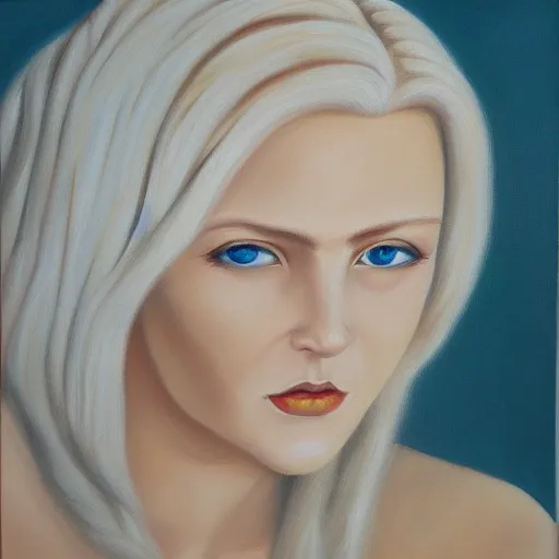 Totalitarian queen, beautiful blonde whiteish hair, white blue eyes,, Oil Painting