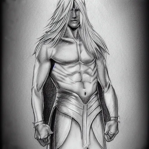 Tall male warrior, good looking and tall, beautiful blonde whiteish hair, white blue eyes, Pencil Sketch