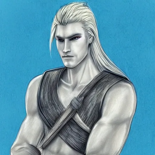 Tall male warrior, good looking and tall, beautiful blonde whiteish hair, white blue eyes, Pencil Sketch