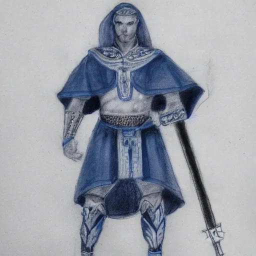 Male warrior, wearing blue robes, good looking white blue eyes, short dark hair, Pencil Sketch