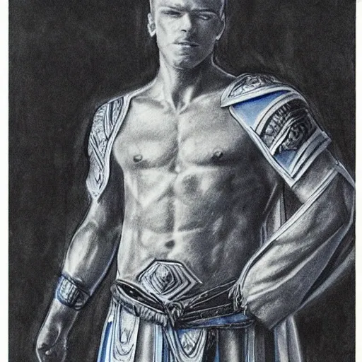 Male warrior, wearing blue robes, good looking white blue eyes, short dark hair, Pencil Sketch