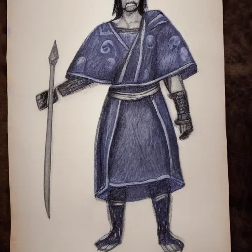 Male warrior, wearing blue robes, good looking white blue eyes, short dark hair, Pencil Sketch