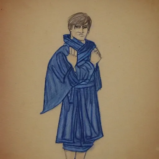 Male warrior, wearing blue robes, good looking white blue eyes, short dark hair, Pencil Sketch