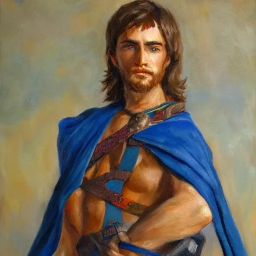 Male warrior, wearing blue robes, good looking white blue eyes, short dark hair, , Oil Painting