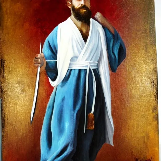 Male warrior, wearing white robes, good looking crystal blue eyes, short black hair, beard , Oil Painting