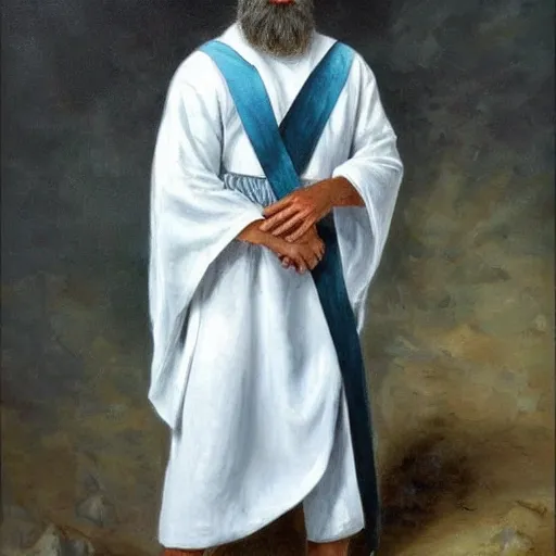 Male warrior, wearing white robes, good looking crystal blue eyes, short black hair, beard , Oil Painting