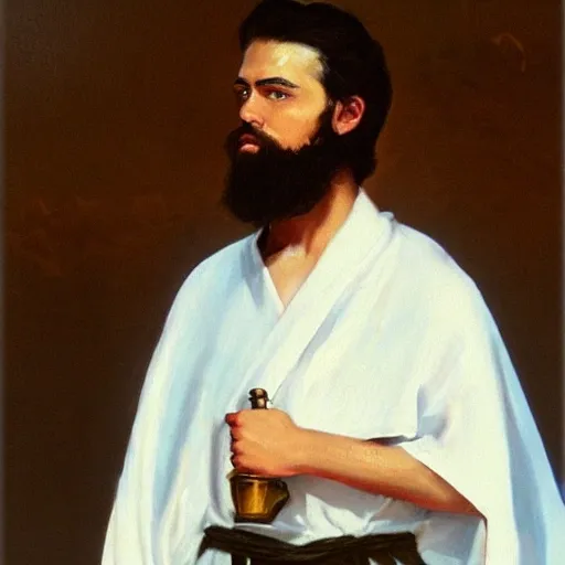 Male warrior, wearing white robes, good looking crystal blue eyes, short black hair, beard , Oil Painting