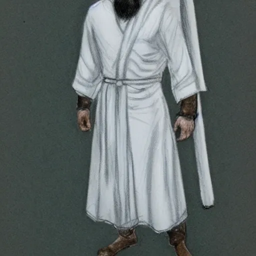 Male warrior, wearing white robes, good looking crystal blue eyes, short black hair, beard,, Pencil Sketch