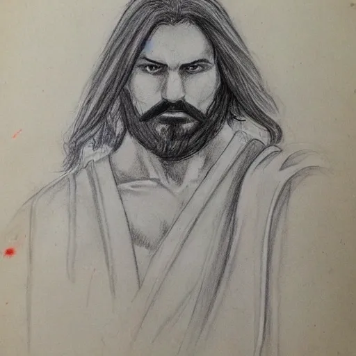 Male warrior, wearing white robes, good looking crystal blue eyes, short black hair, beard,, Pencil Sketch