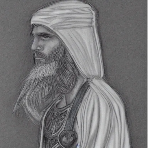 Male warrior, wearing white robes, good looking crystal blue eyes, short black hair, beard,, Pencil Sketch