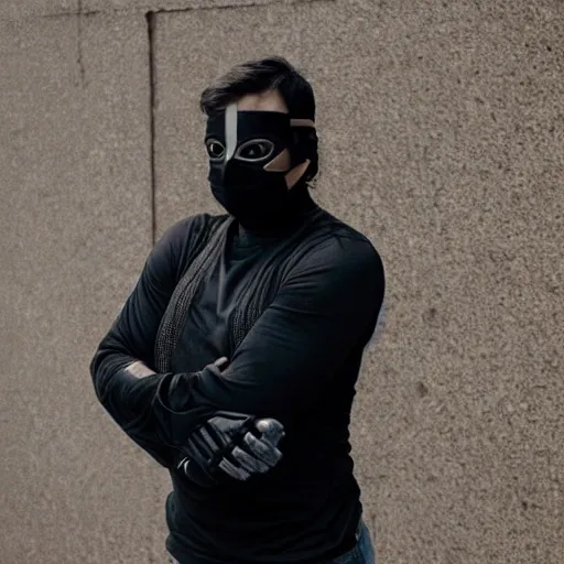 Male warrior, wearing all black, has a black mask