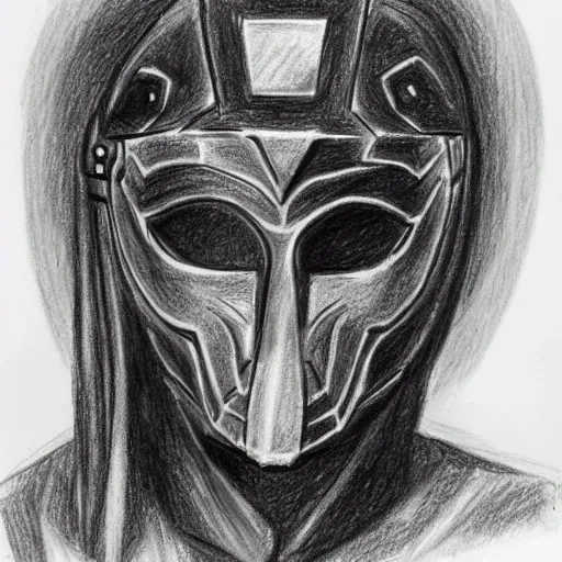 Male warrior, wearing all black, has a black mask, Pencil Sketch