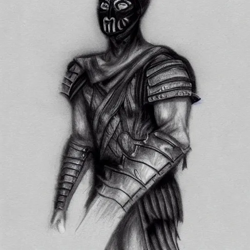 Male warrior, wearing all black, has a black mask, Pencil Sketch, he has blue eyes, and his skin was burned 