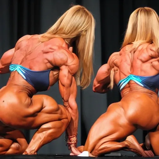 Bodybuilding muscular woman in bikini bending over on stage and