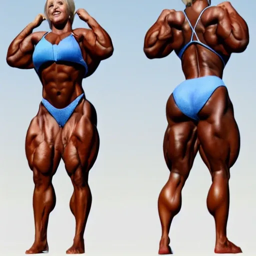 Woman bodybuilder showing her big muscular ass, 3D