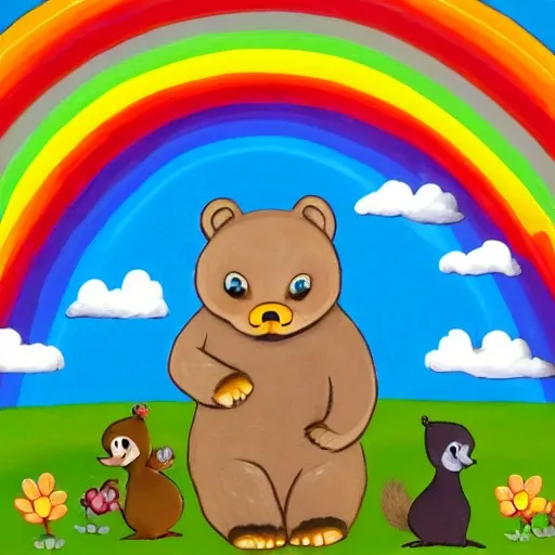 A bear, a duck, an elephant, a cat, a little bird and a squirrel with a rainbow in the background