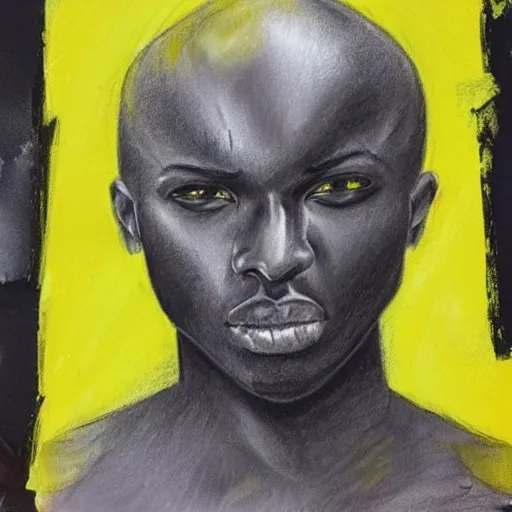 Black male warrior, bald head, wearing bright yellow colors, Pencil Sketch, oil Painting