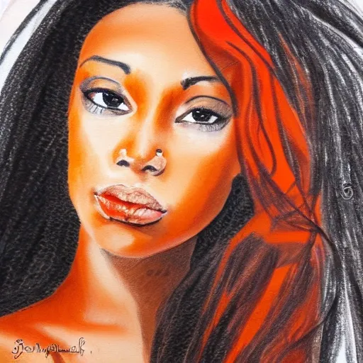 Beautiful Black female, long wavy hair, wearing dark orange colors, Pencil Sketch, oil Painting