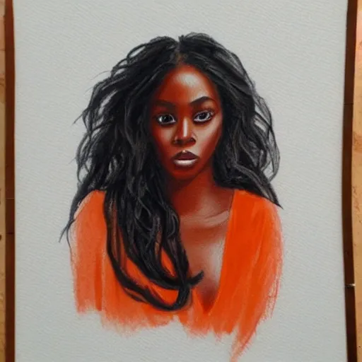 Beautiful Black female, long wavy hair, wearing dark orange colors, Pencil Sketch, oil Painting
