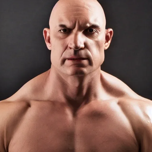 Bald, heavily muscular, slight under bite, grayish skin, antagonist 
