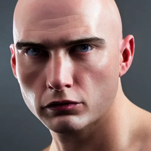 Bald, heavily muscular, slight under bite, very pale skin, antagonist 
