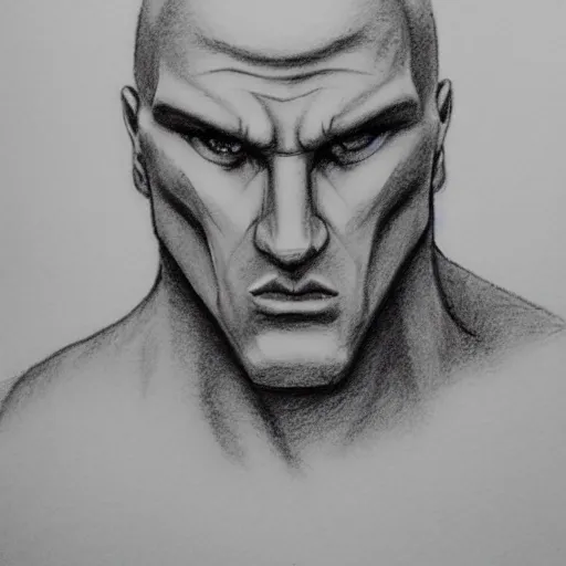 Bald, heavily muscular, slight under bite, very pale skin, antagonist 
, Pencil Sketch