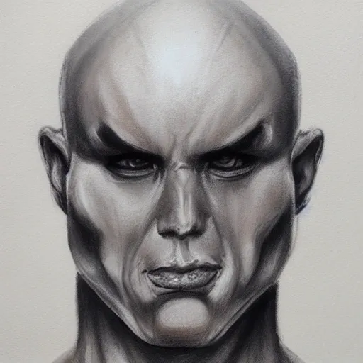 Bald, heavily muscular, slight under bite, very pale skin, antagonist 
, Pencil Sketch, Oil Painting