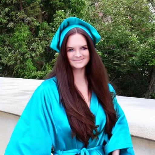 Beautiful woman, long brown hair, bright green eyes, wearing baby blue robes, 