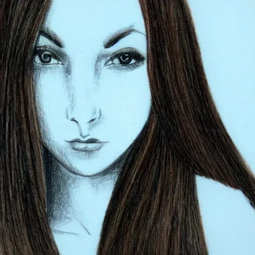 Beautiful woman, long brown hair, bright green eyes, wearing baby blue robes, , Pencil Sketch