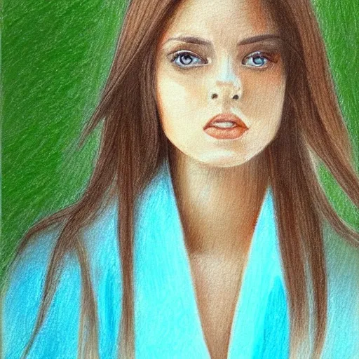 Beautiful woman, long brown hair, bright green eyes, wearing baby blue robes, , Pencil Sketch, Oil Painting