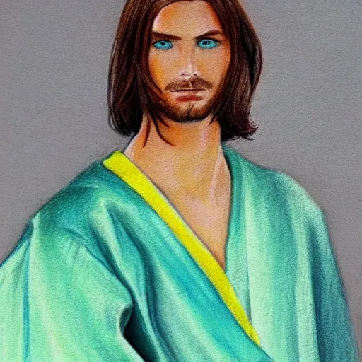 A pretty man, brown hair, bright green eyes, wearing baby blue robes, , Pencil Sketch, Oil Painting