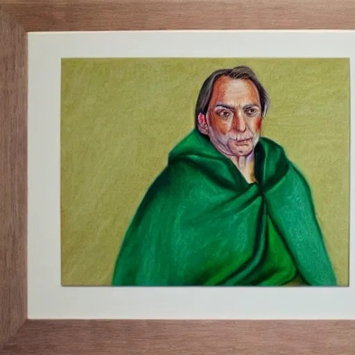 Older pretty man, brown hair, bright green eyes, wearing baby blue robes, , Pencil Sketch, Oil Painting