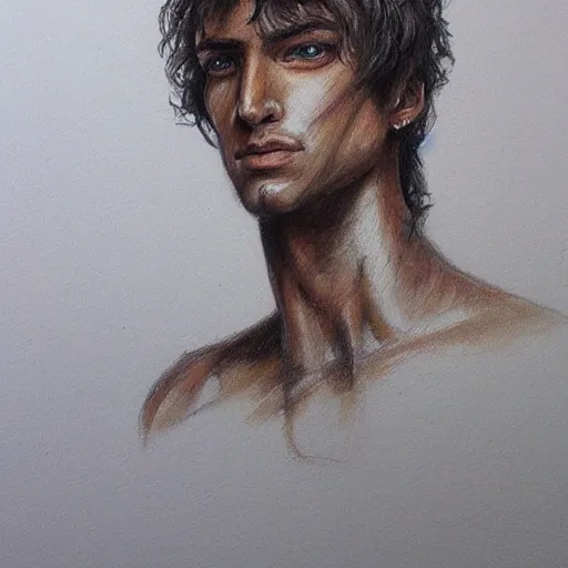 Male warrior, angular face, tall, long curly bright brown hair, light brown eyes, Pencil Sketch, Oil Painting