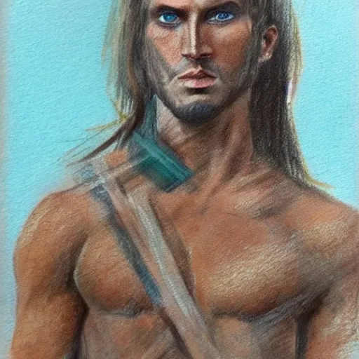 Male warrior, angular face, long brown hair, brown bread, light blue green eyes, Pencil Sketch, Oil Painting