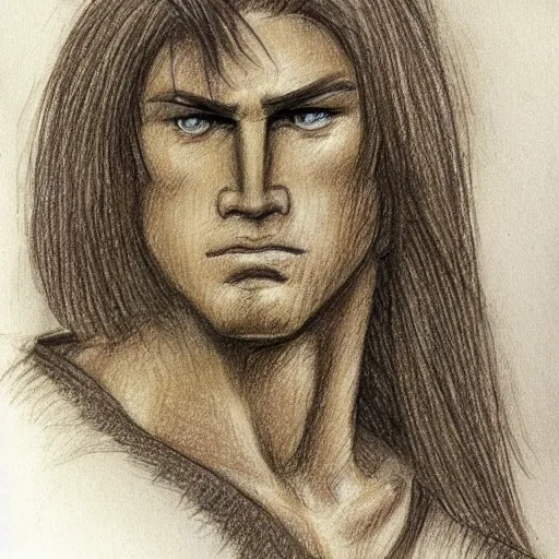 Male warrior, angular face, long brown hair, big brown bread, light blue green eyes, Pencil Sketch