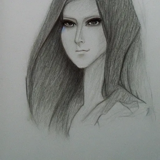 Female princess, angular face, long brown hair, big brown bread, light blue green eyes, Pencil Sketch