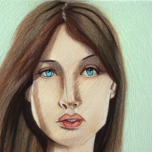 Female, angular face, long brown hair, big brown bread, light blue green eyes, Pencil Sketch, Oil Painting
