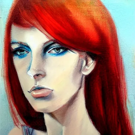 Female, angular face, long red hair, light blue green eyes, Pencil Sketch, Oil Painting