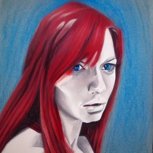 Female, angular face, long red hair, blue eyes, Pencil Sketch, Oil Painting