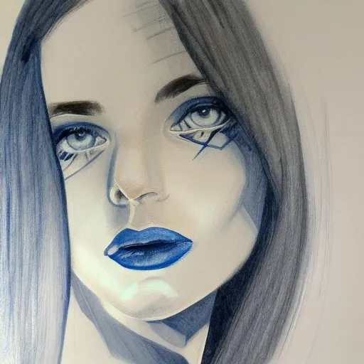 Female, angular face, blue eyes, Pencil Sketch, Oil Painting