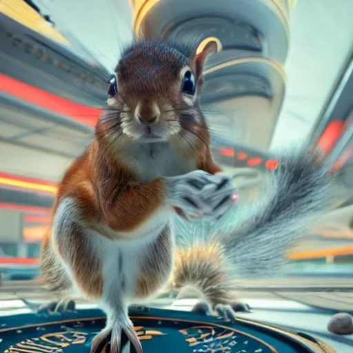 Baby squirrel in futuristic casino intricate abstract. intricate artwork, by tooth wu, wlop, beeple, dan mumford. concept art, octane render, trending on artstation, greg rutkowski very coherent symmetrical artwork. cinematic, key art, hyper realism, high detail, octane render, 8 k, iridescent accents, 3D