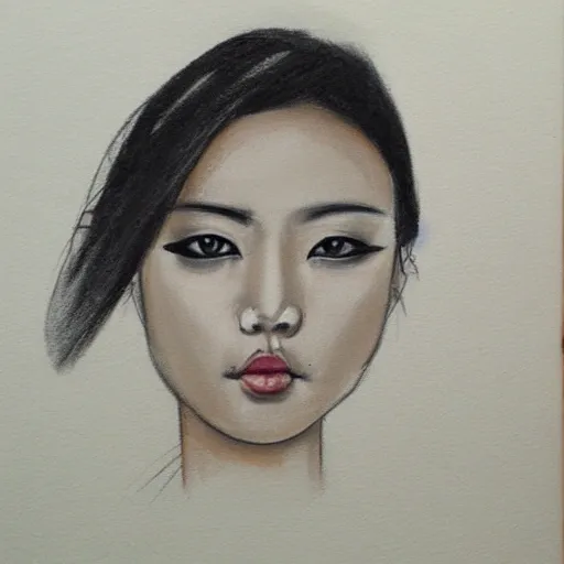 Female, Asian, angular face, black eyes, Pencil Sketch, Oil Painting